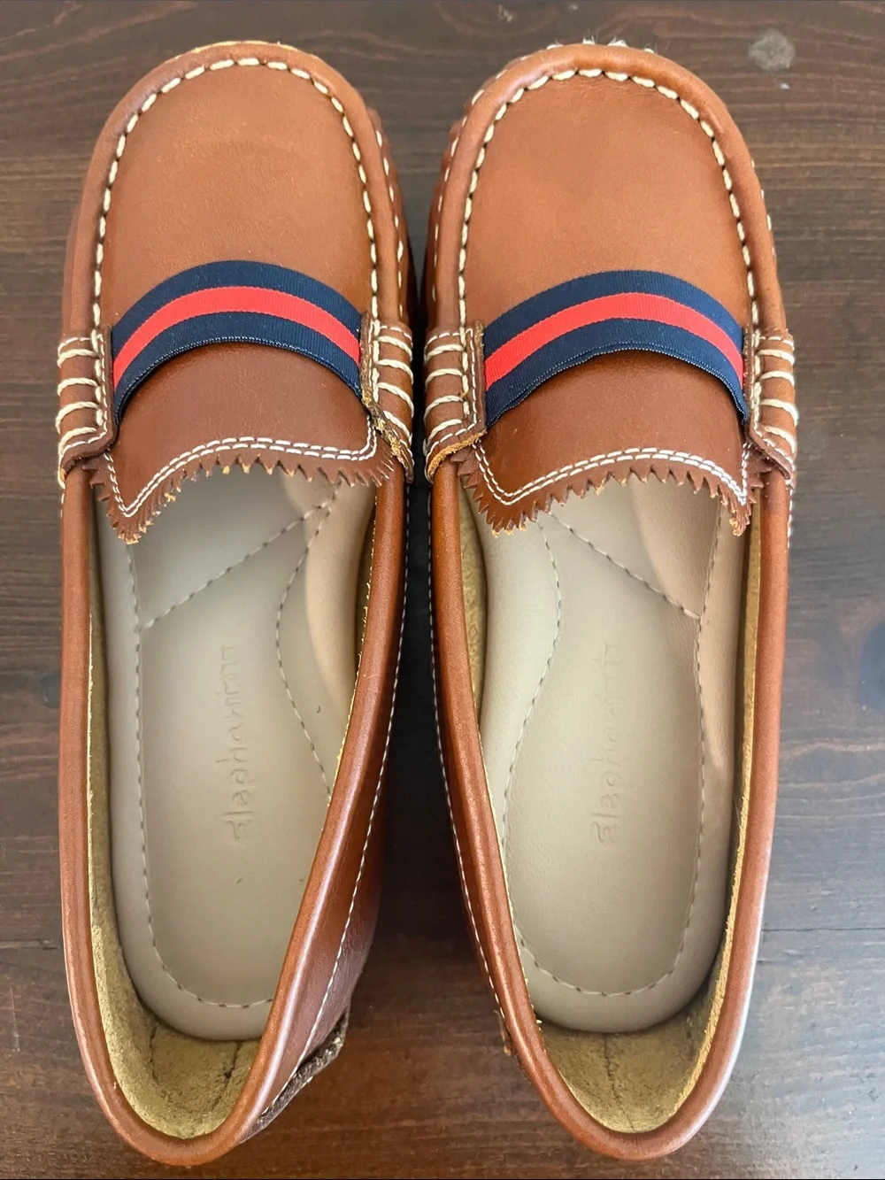Slazenger Brown Kids Dress Loafers with Navy & Red Band